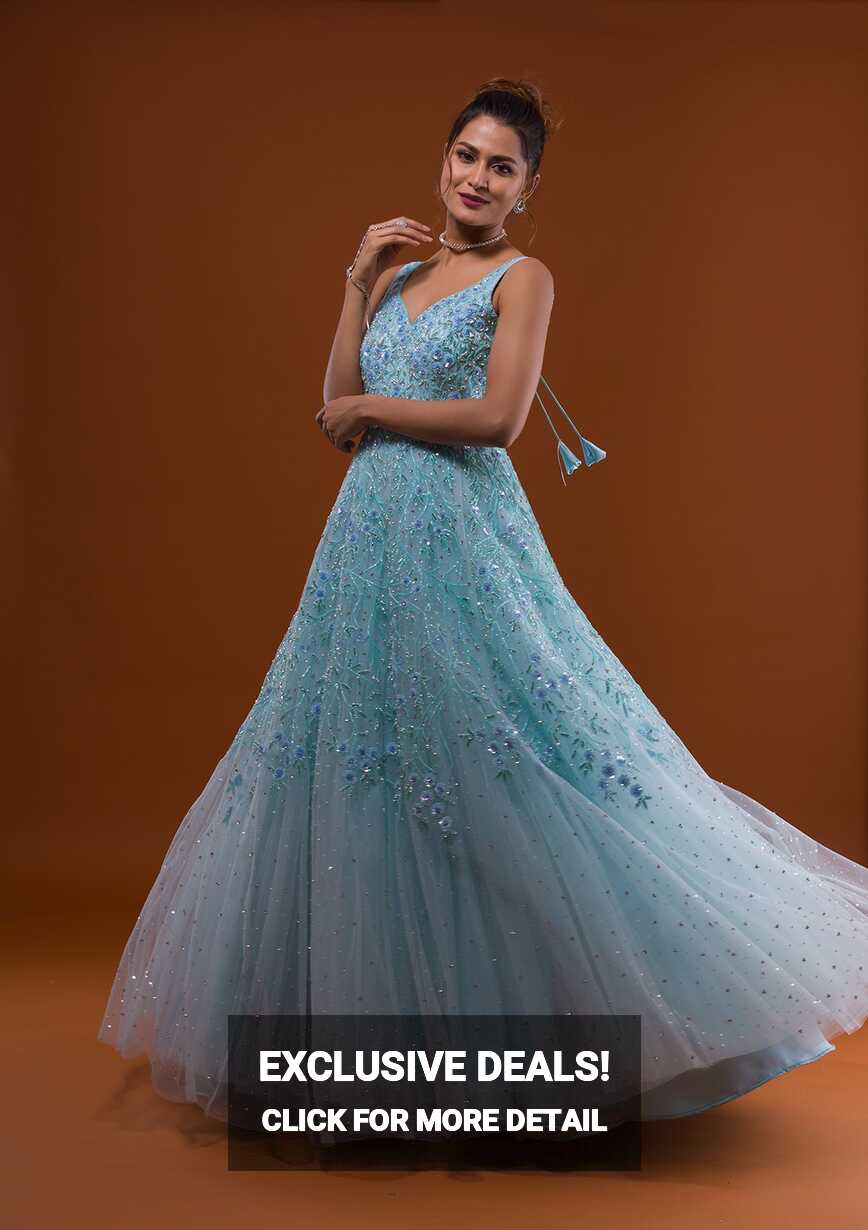 Buy Sky Blue Sequins Net Designer Gown - Koskii