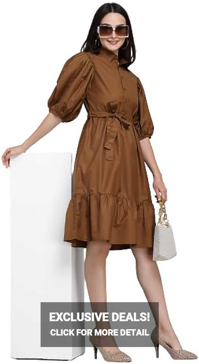 Buy Style Quotient Women Solid Brown Polycotton Smart Casual Dress ...