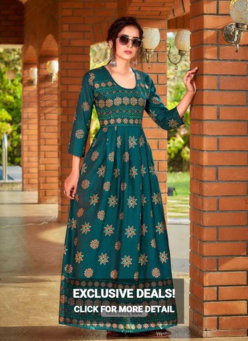 Buy Teal Readymade Latest Long Gown Kurti | Cotton Kurtis