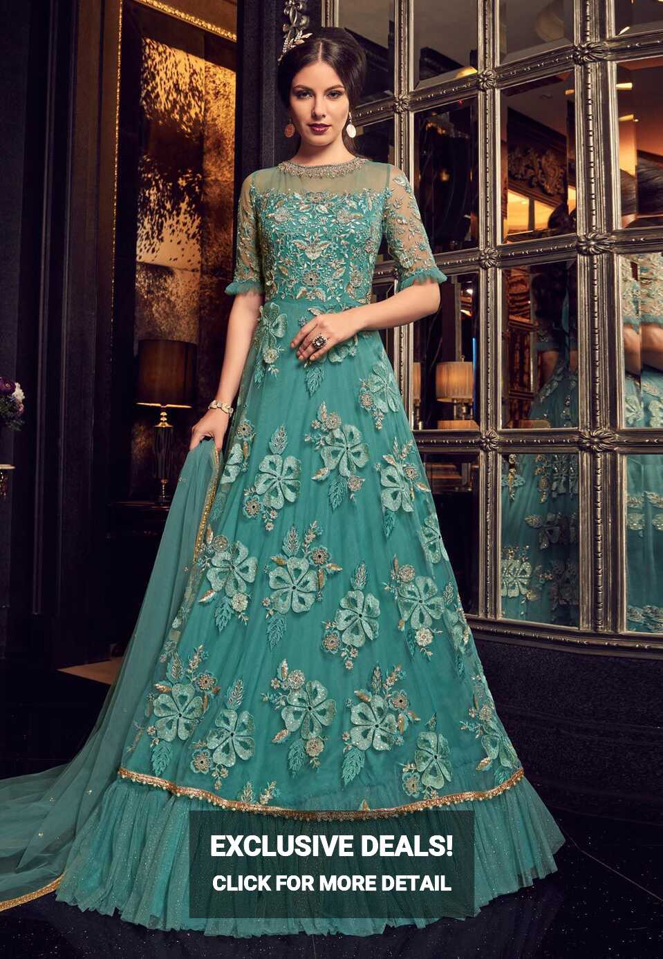 Buy Teal color Net gown style Indian wedding anarkali in UK, USA ...