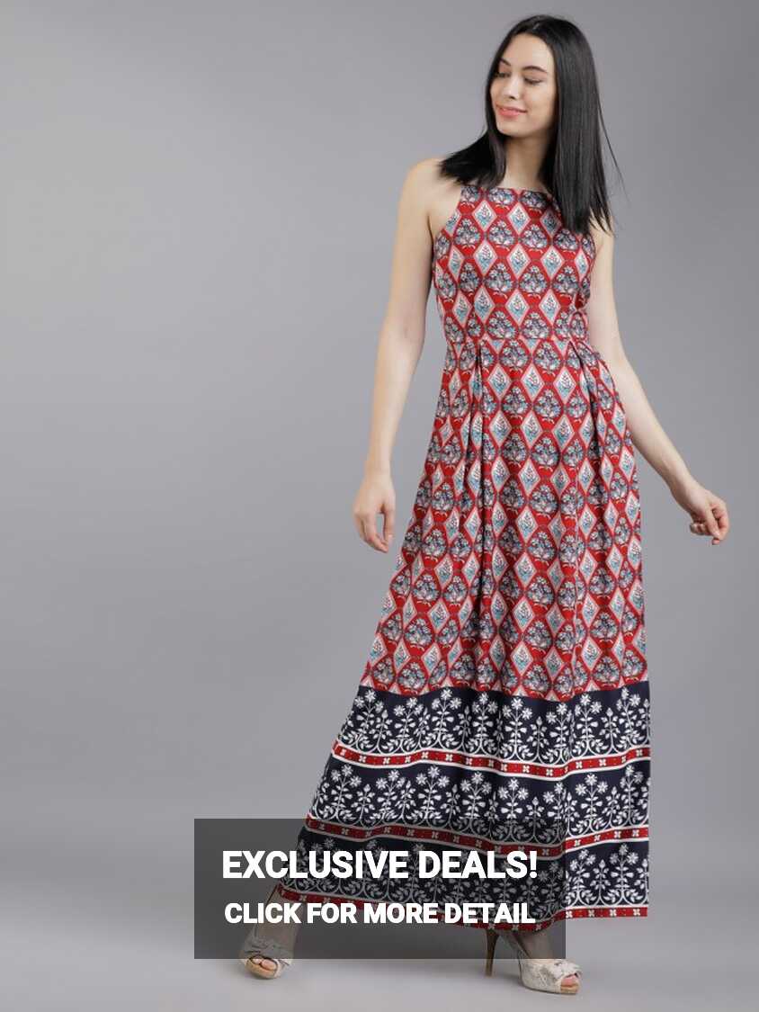 Buy Tokyo Talkies Maroon Printed Flared Maxi Dress for Women ...