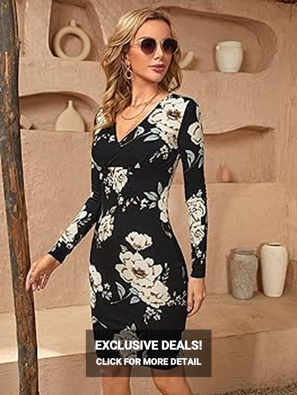 Buy WDIRARA Women&#39;s Floral Print Wrap V Neck Long Sleeve Dress ...