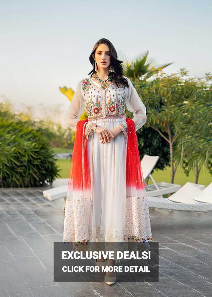 Buy White Anarkali Dress with Red Dupatta Online | SALWAR MAHAL