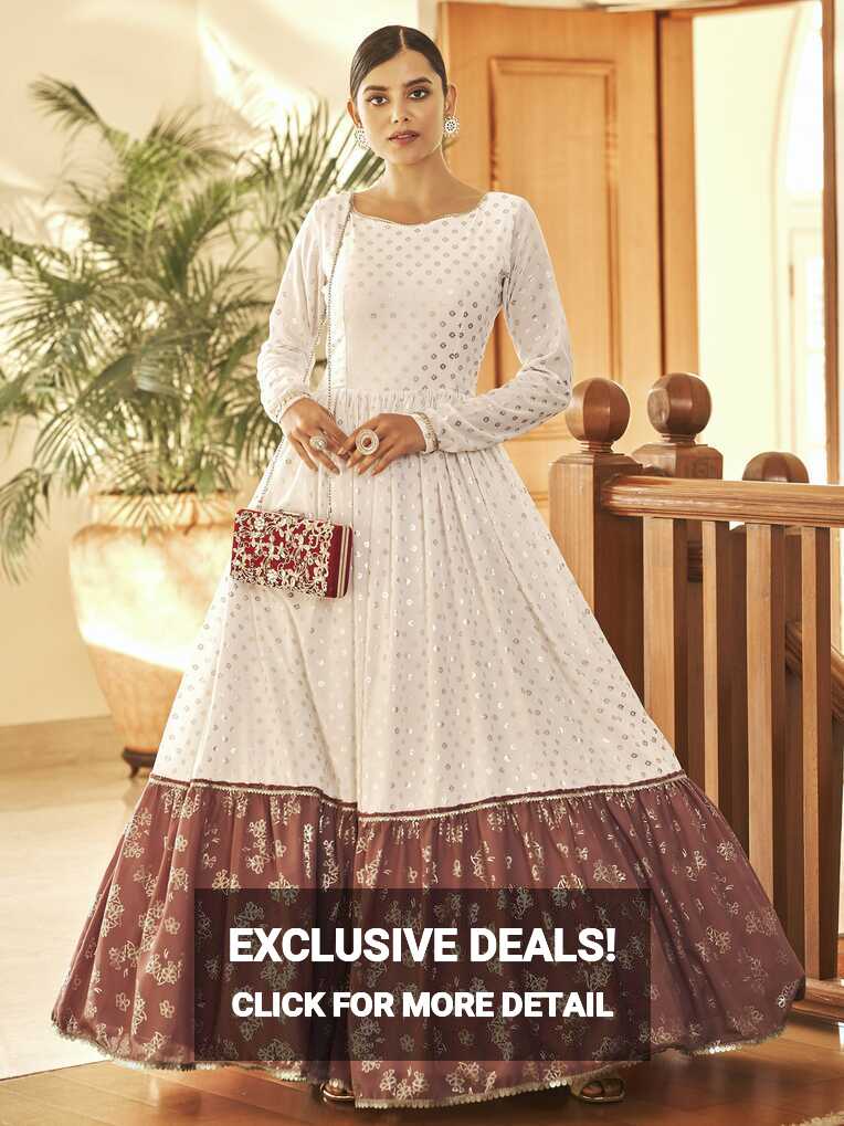 Buy White Foil Work Georgette Party Anarkali Gown from Ethnic Plus