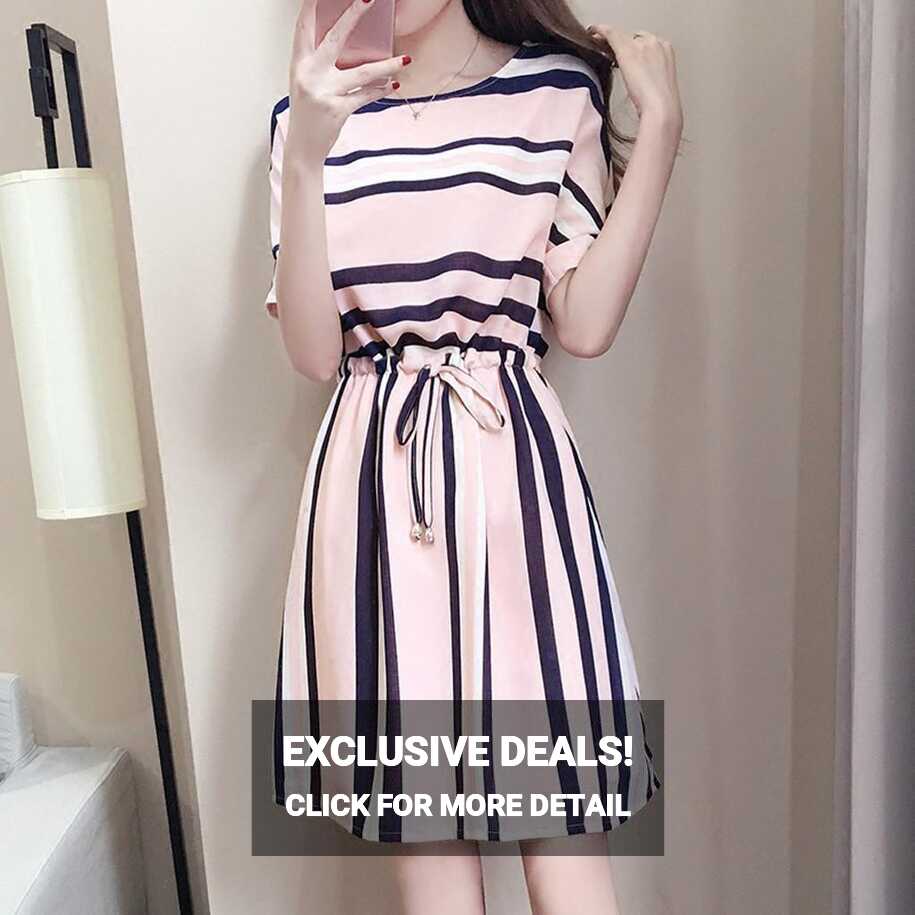 Buy Women&#39;s Casual Stripe Print O-Neck Knee Length Short Sleeve ...