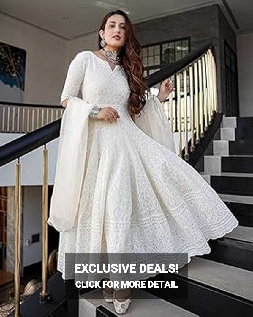 Buy Women&#39;s Cotton Anarkali White Color Chikankari Suit with ...