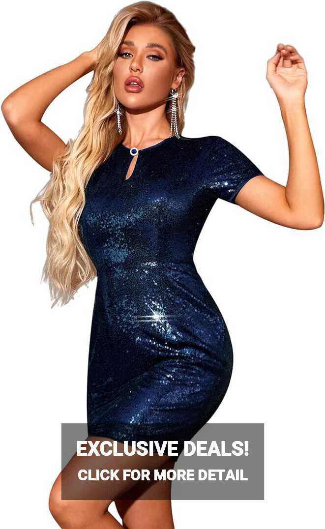 Buy Women&#39;s Glitter Sequin Short Sleeve Backless Crewneck Bodycon ...