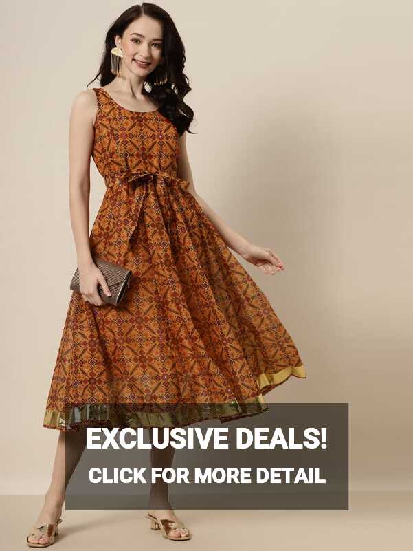 Buy Women Mustard Patola Sleeveless Anarkali Dress Online at Sassafras