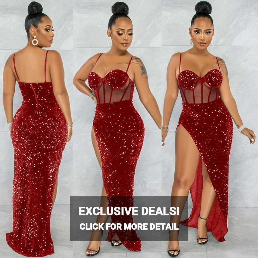 CAICJ98 Elegant Sequin Mesh Long Party Dress for Women 2023, Red ...