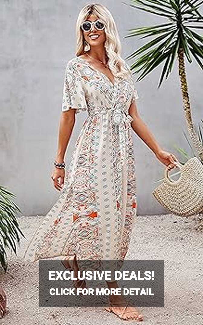 CCTOO Women&#39;s Summer Wrap Maxi Dress Casual Bohemian Floral V Neck ...