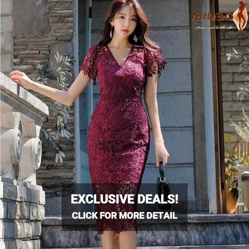 CHENWEN Elegant V-neck Hollow-out Floral Lace Women Dress Sheath ...