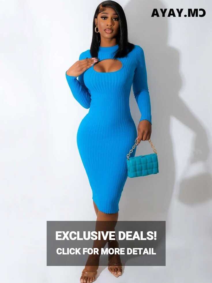 CM.YAYA INS Ribbed Knit Long Sleeve Cutout Front Bodycon Midi ...