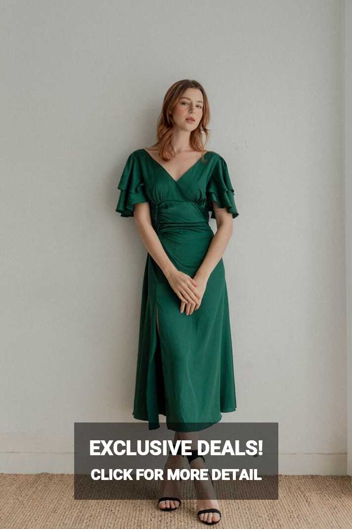 Caitlyn Emerald Green Satin Midi Dress / Flutter Sleeves Tea ...