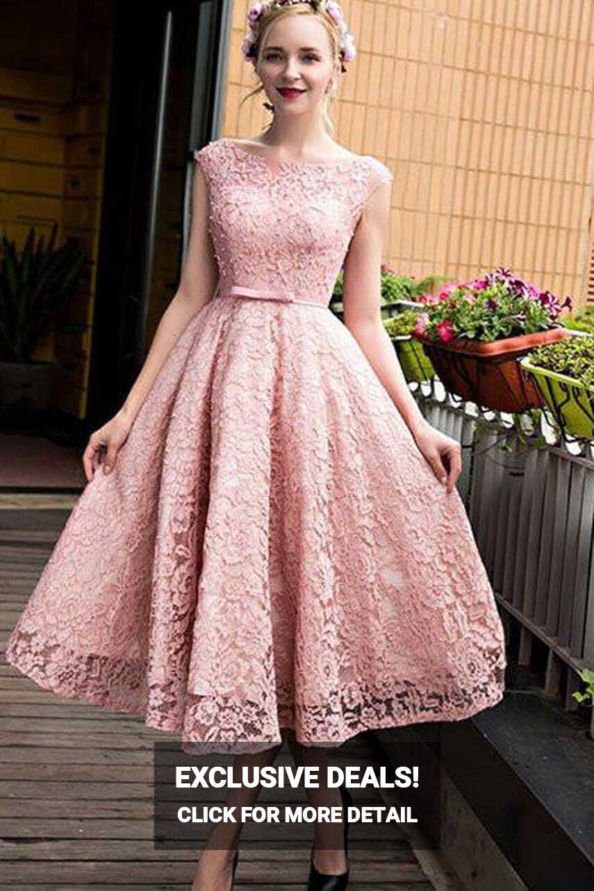 Cap Sleeves Pink Lace Tea Length Prom Dress Formal Evening Dress ...