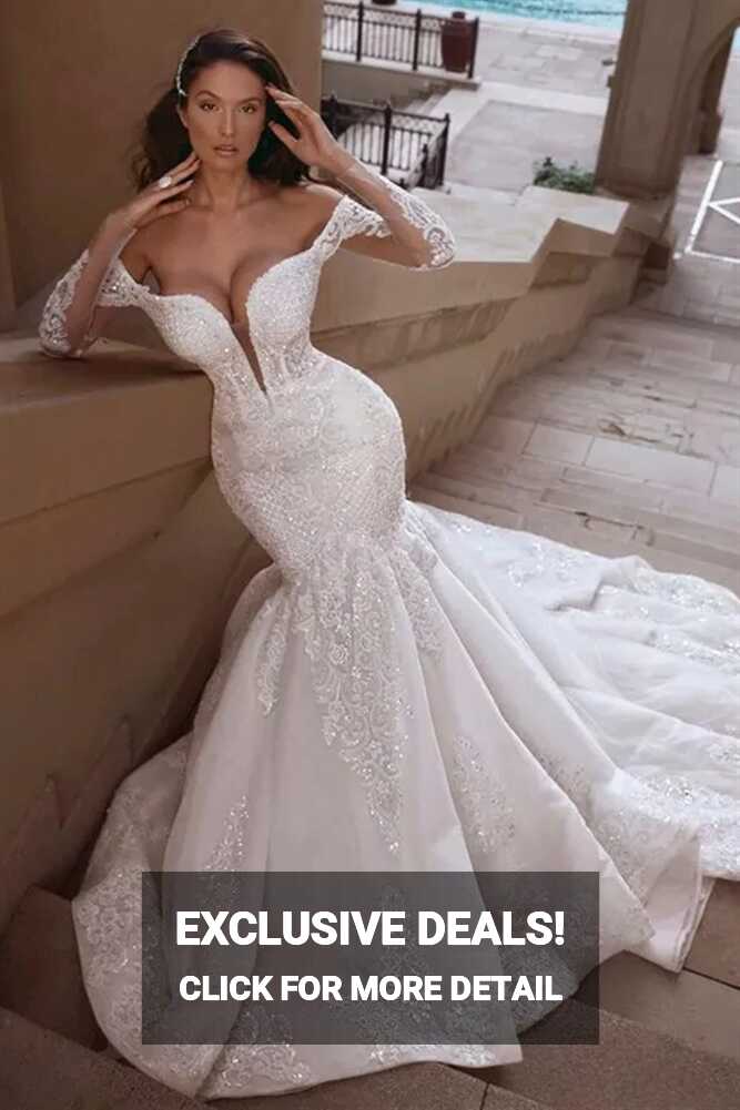 Cap sleeves Mermaid Long Train White Wedding Dresses Online ...