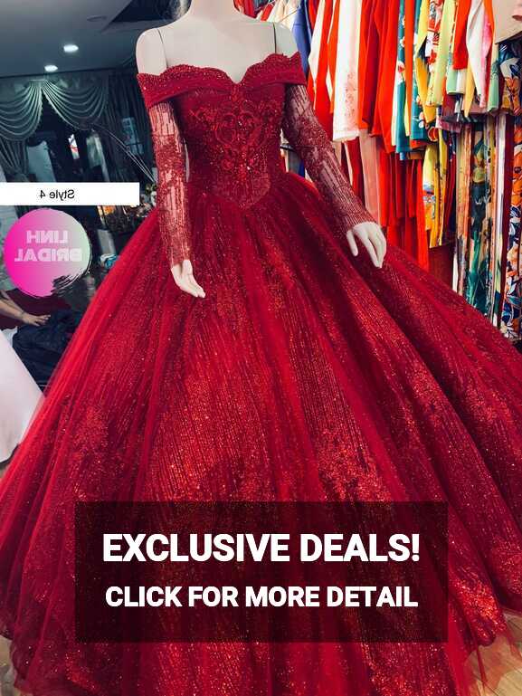 Captivating Red Long Sleeves Red Sparkle Ball Gown Wedding Dress ...