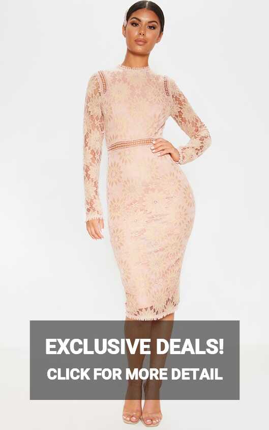 Caris Dusty Pink Long Sleeve Lace Bodycon Dress ...