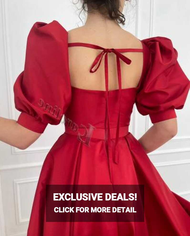 Caroline Elegant Red Short Evening Dress Puff Sleeves Front Slit ...