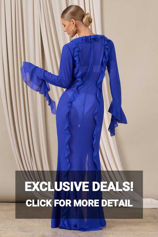 Cascades Blue Long Sleeve Maxi Chiffon Ruffle Cover Up – Club L ...