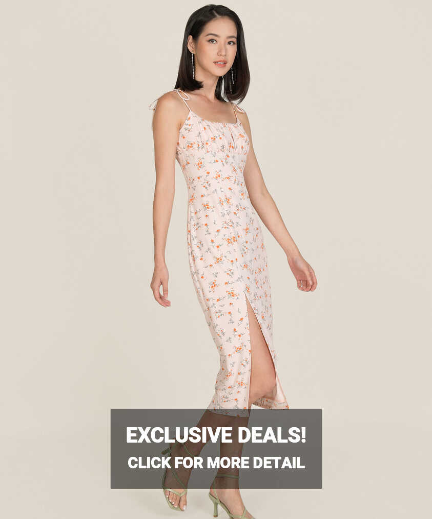 Cassina Floral Ruched Midi Dress - Pale Pink | hervelvetvase (hvv.)