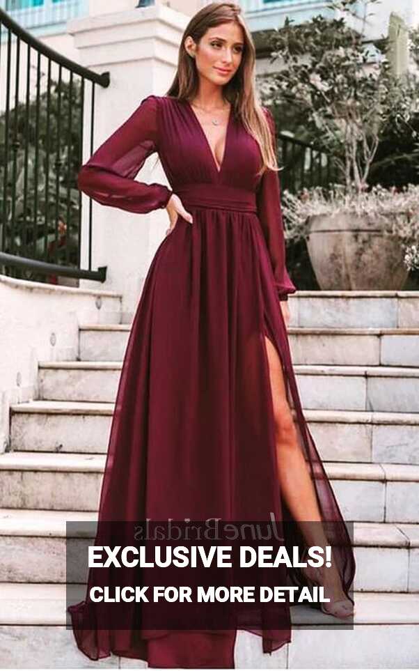 Casual A Line Chiffon V-neck Long Sleeve Evening Dress with Pleats ...