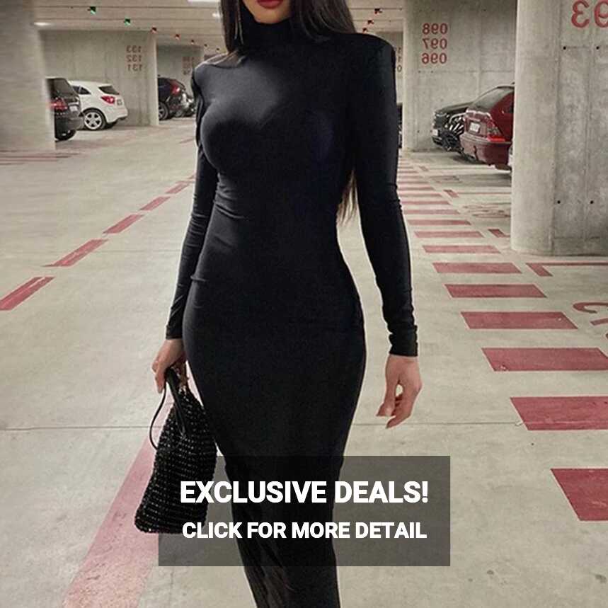 Casual Black Bodycon Midi Dress Women Autumn Winter Fashion ...