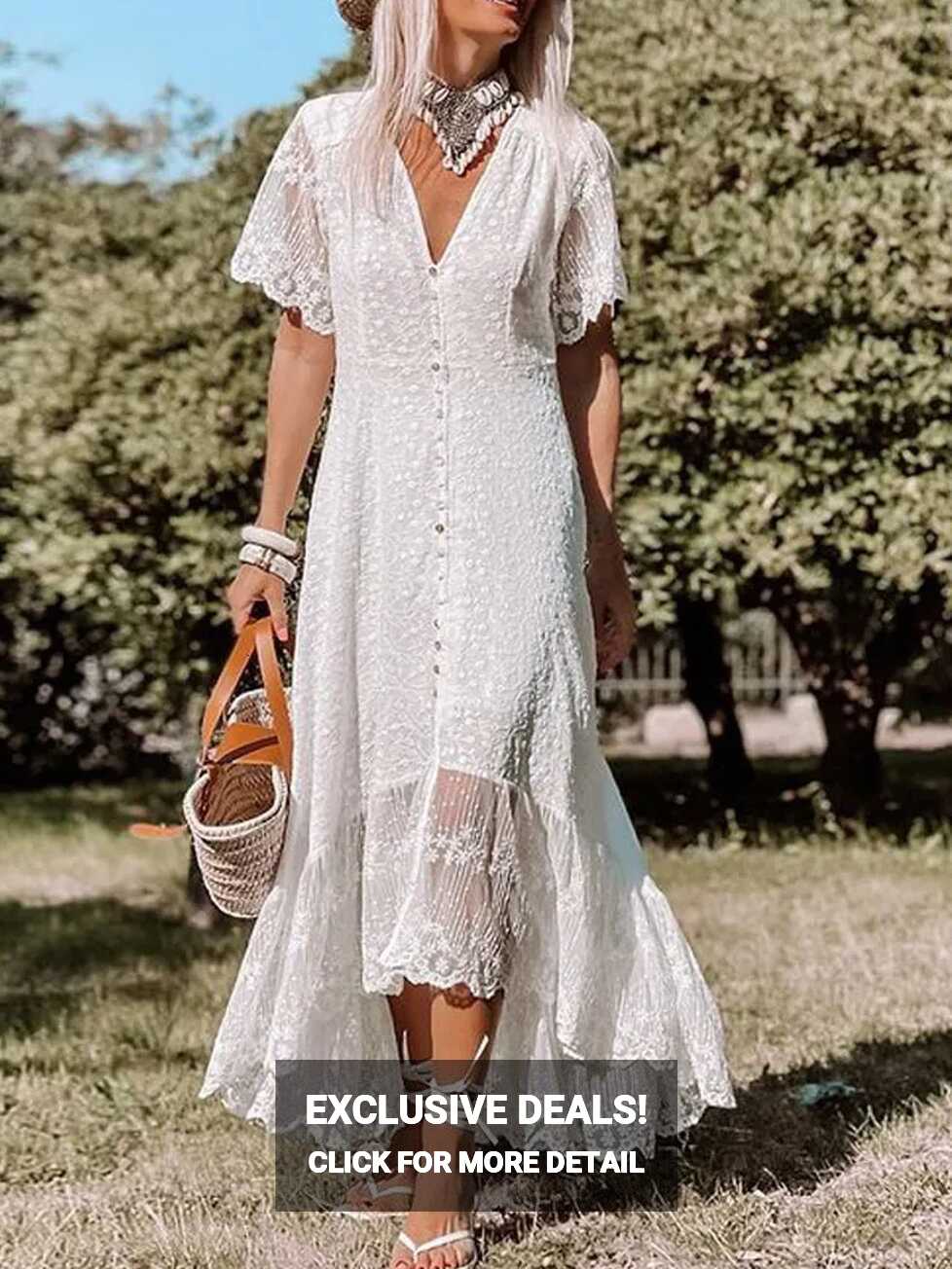 Casual Boho Dress White Maxi Dress Women Summer Bohemian Long ...