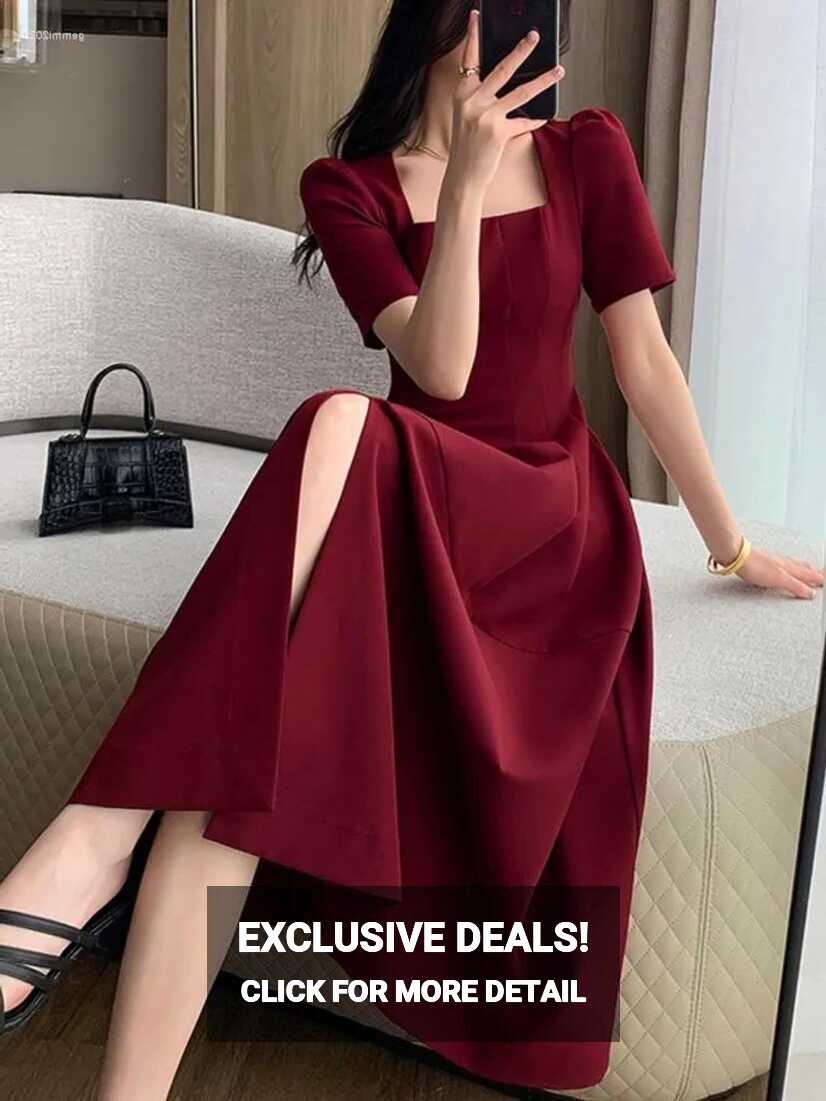 Casual Dresses Korean Fashion Women Summer Elegant Red Dress ...