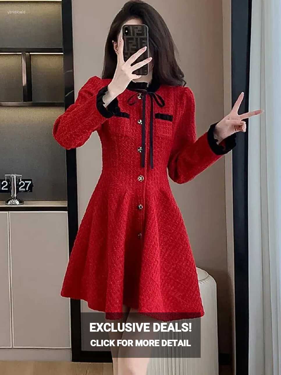 Casual Dresses Red Elegant Bow Ruffled Collar Mini A Line Dress ...