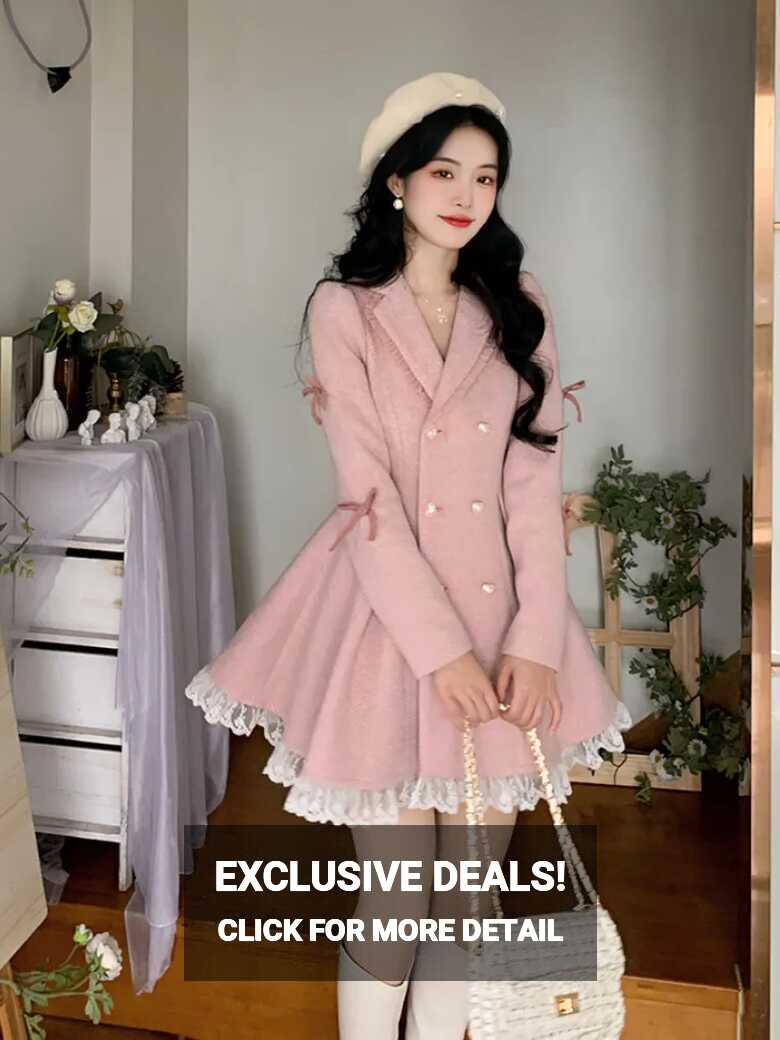 Casual Dresses Warm Winter Pink Sweet Elegant Women Lace Korean ...