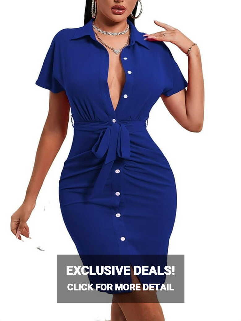 Casual Plain Collar Shirt Short Sleeve Royal Blue Women Dresses ...