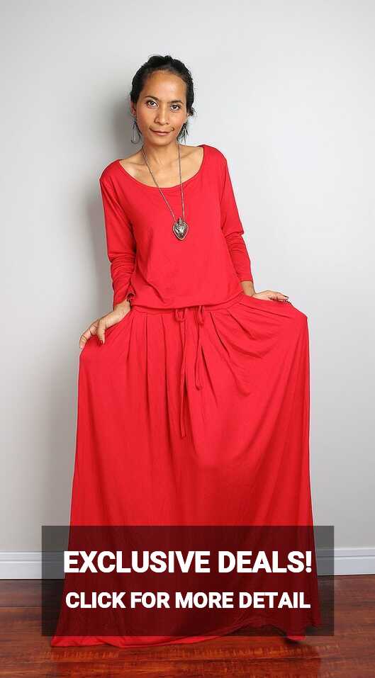 Casual Red Dress With Long Sleeves and Pockets, Women&#39;s Maxi Dress ...