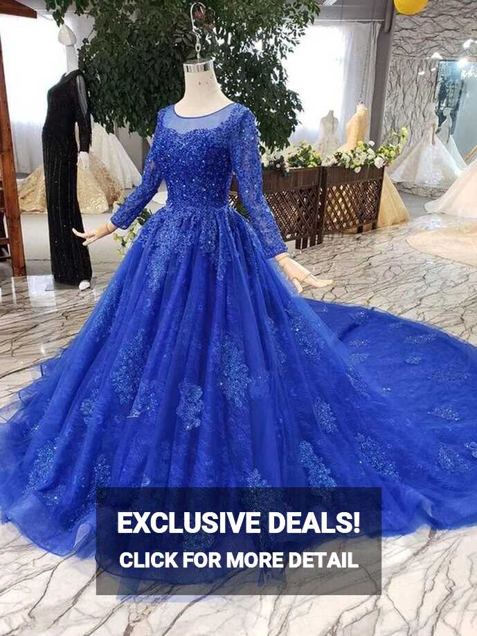 Cathedral Train Royal Blue Princess Ball Gown with Sleeves