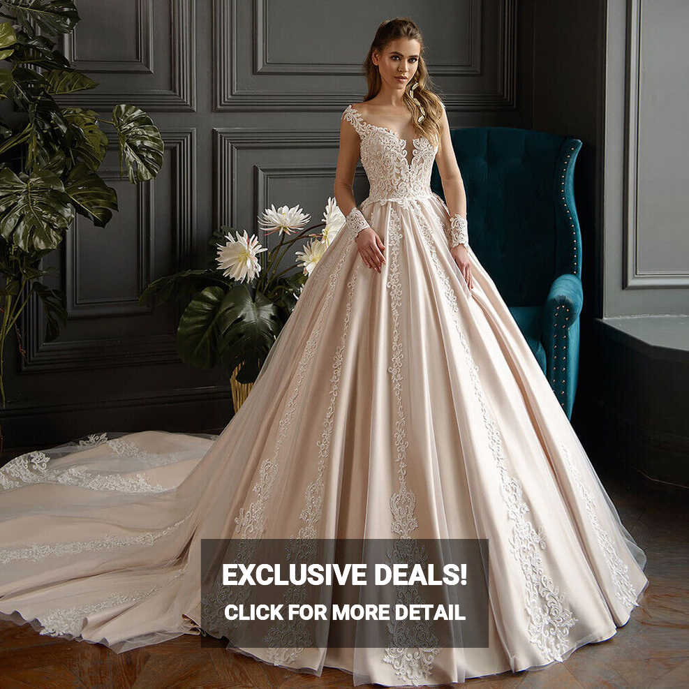 Champagne Appliques Satin Ball Wedding Dress Cathedral Train ...