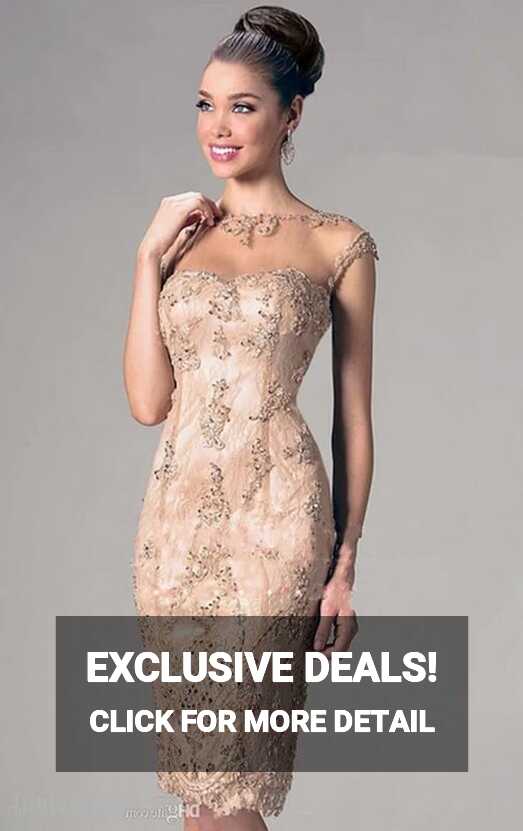 Champagne Cocktail Dresses Sheath Cap Sleeves Knee Length Beaded ...