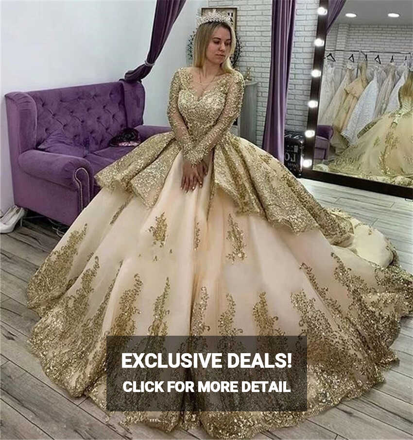 Champagne Gold Princess Wedding Dresses 2022 Cathedral Train Lace ...