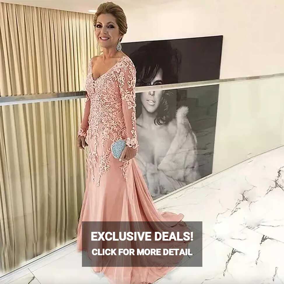 Champagne Lace Mother Gown For Wedding Elegant V Neck Full Sleeve ...