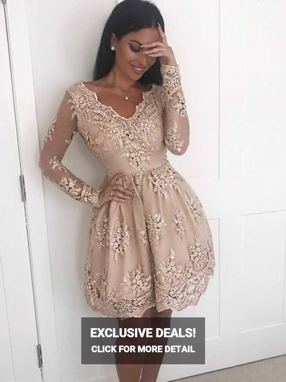 Champagne Long Sleeves Lace Short Prom Dresses, Long Sleeves ...