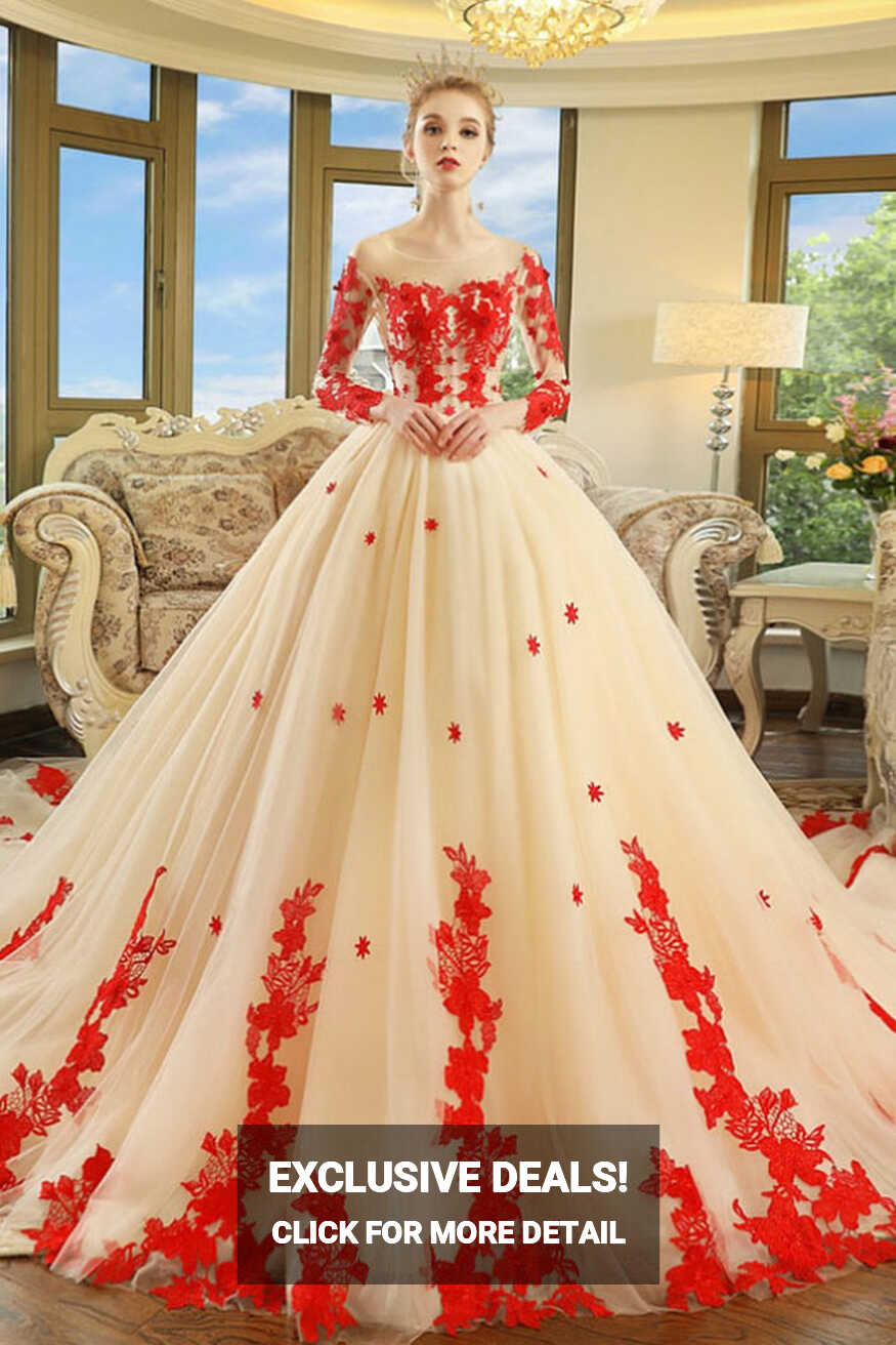 Champagne Long-sleeves Red Appliques Wedding Dresses with Royal ...