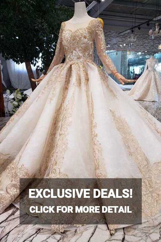 Champagne Luxurious Long Sleeve Ball Gown Prom Dress With Lace Appliqu