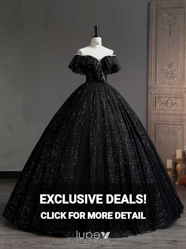 Charming Black Pearl Sequins Prom Dresses 2023 Ball Gown Off-The ...