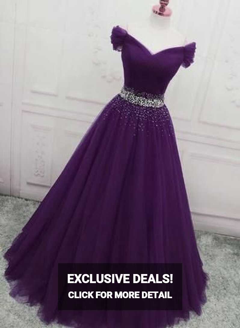 Charming Dark Purple Tulle Long Off the Shoulder Party Dress, Long Pro