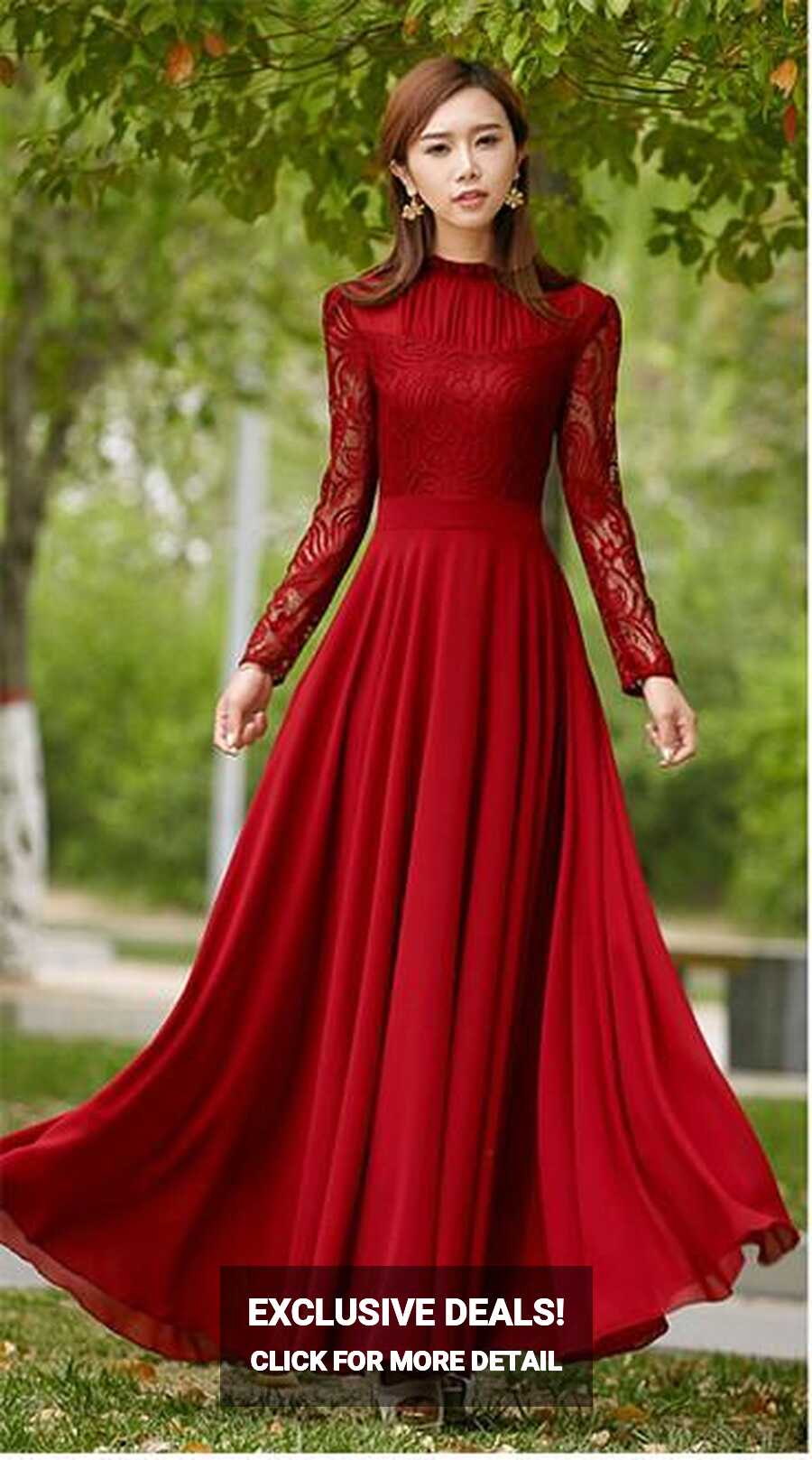 Charming Long Lace Sleeves Pleated Chiffon Long Red Maxi Dress – I ...