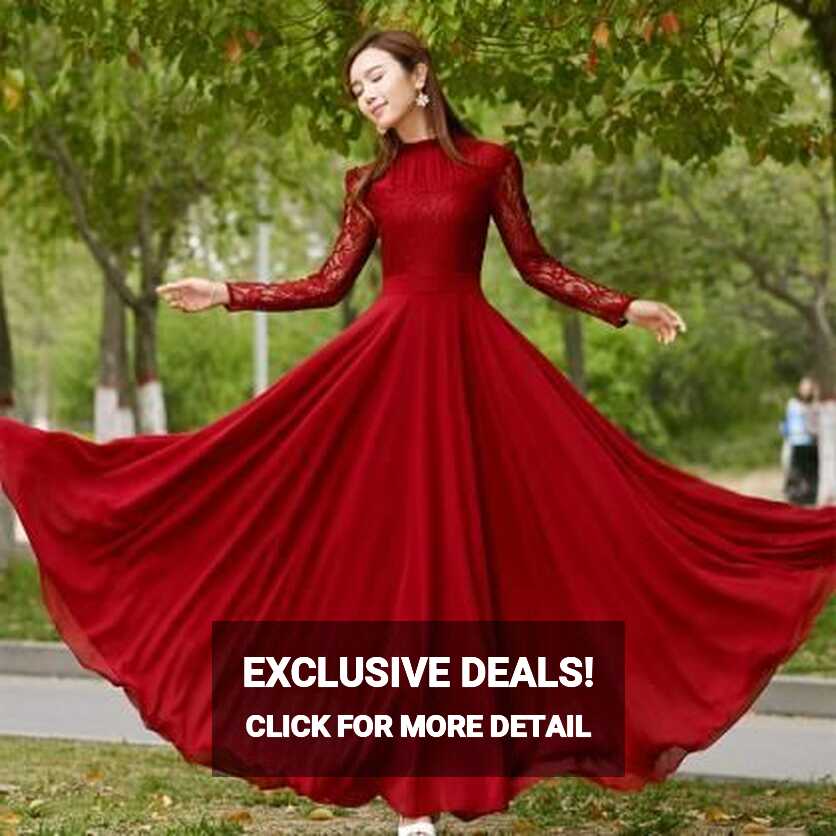 Charming Long Lace Sleeves Pleated Chiffon Long Red Maxi Dress ...