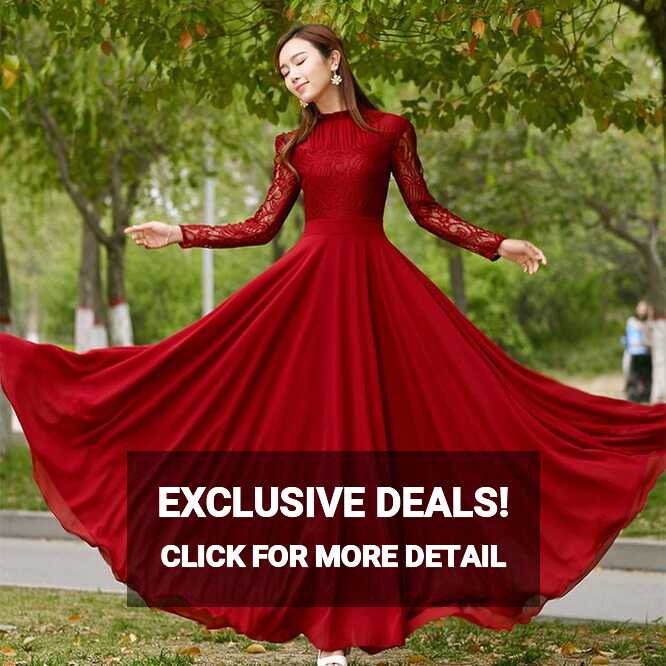 Charming Long Lace Sleeves Pleated Chiffon Long Red Maxi Dress