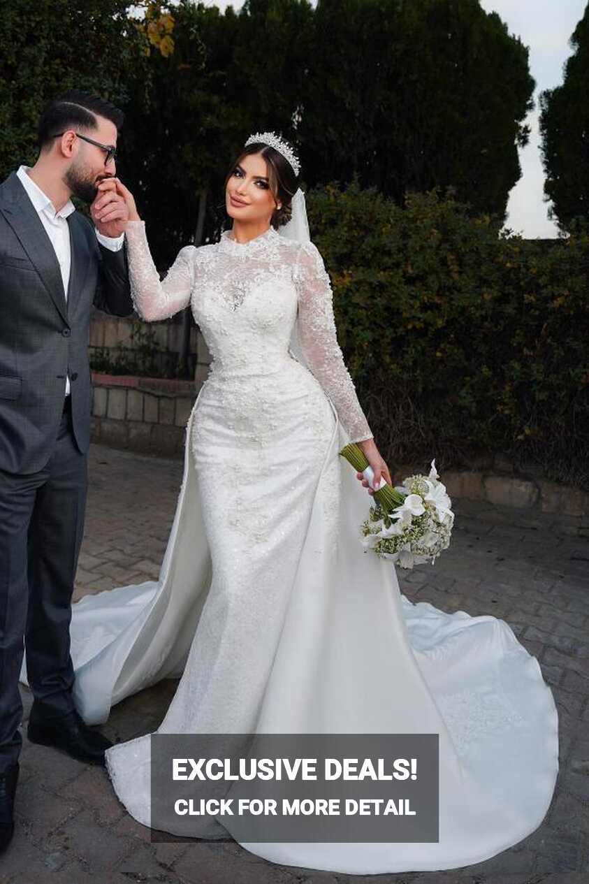 Charming Long Sleeves Mermaid High Neck Satin Lace Wedding Dress ...