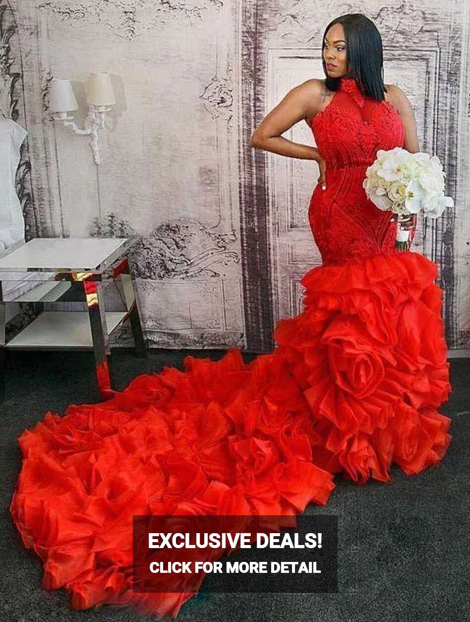 Charming Red Lace Mermaid Wedding Dresses Plus Size Ruffled Halter ...