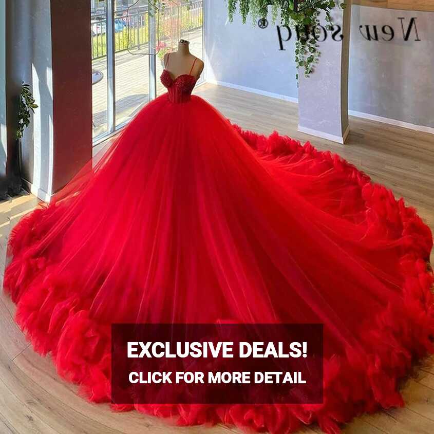 Charming Red Ruffles Ball Gown Evening Dresses with Big Train ...