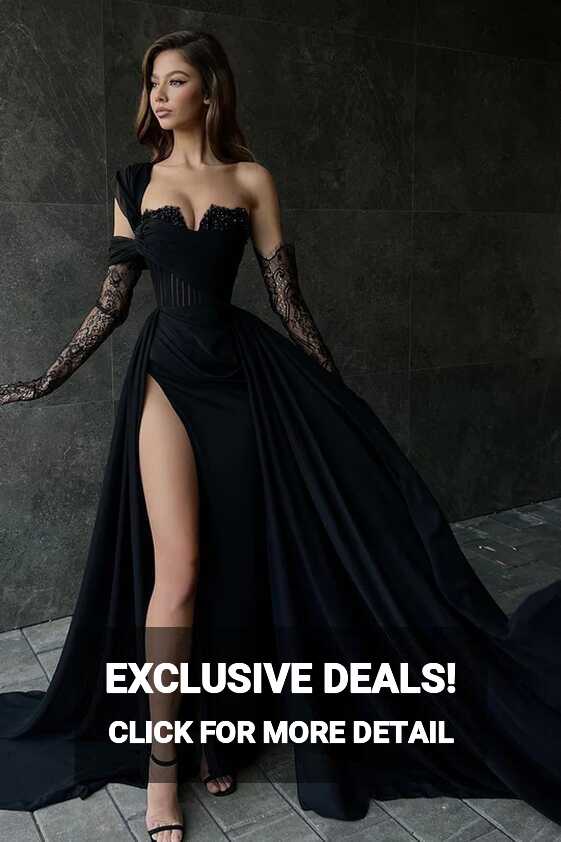 Charming Strapless Slit Beaded Black Prom Dress With Lace Sleeves ...