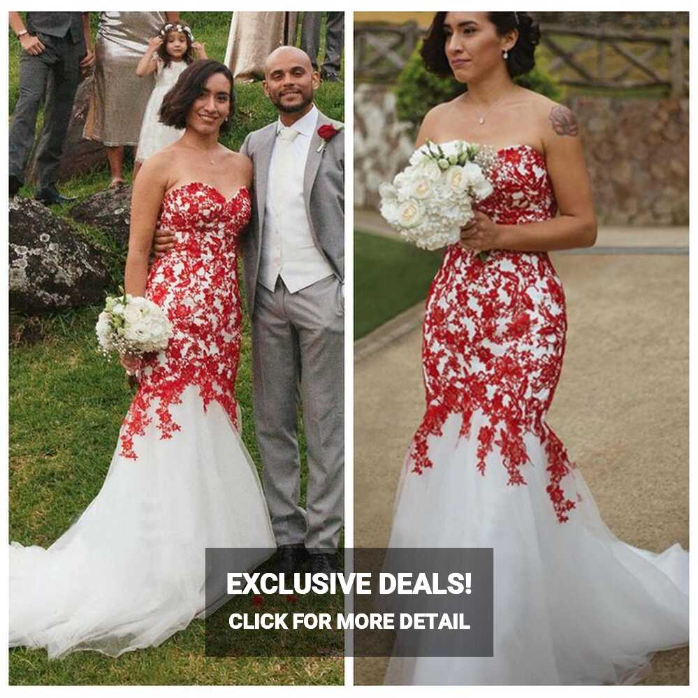 Charming Sweetheart Tulle Red and White Wedding Dresses Appliques ...